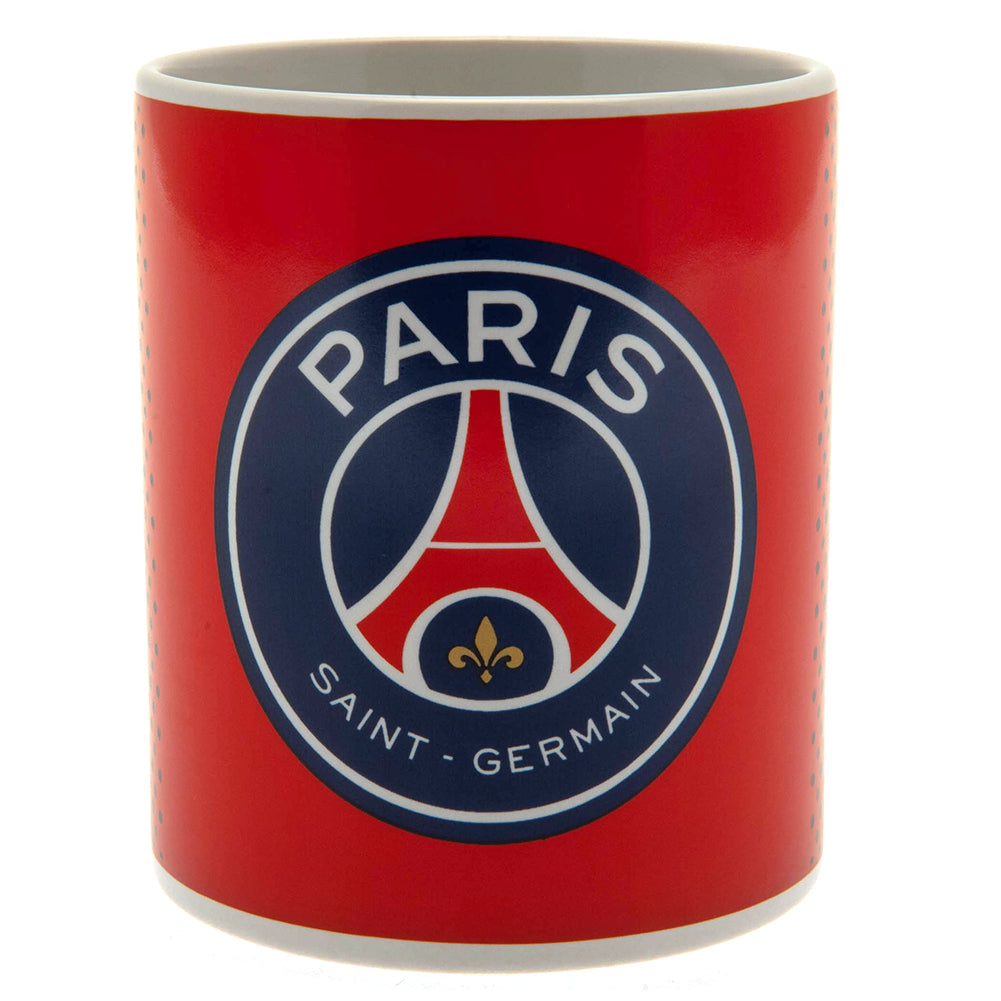 Rød krus med Paris Saint Germain-logo, Eiffel Tårnet og en fleur-de-lis i midten.