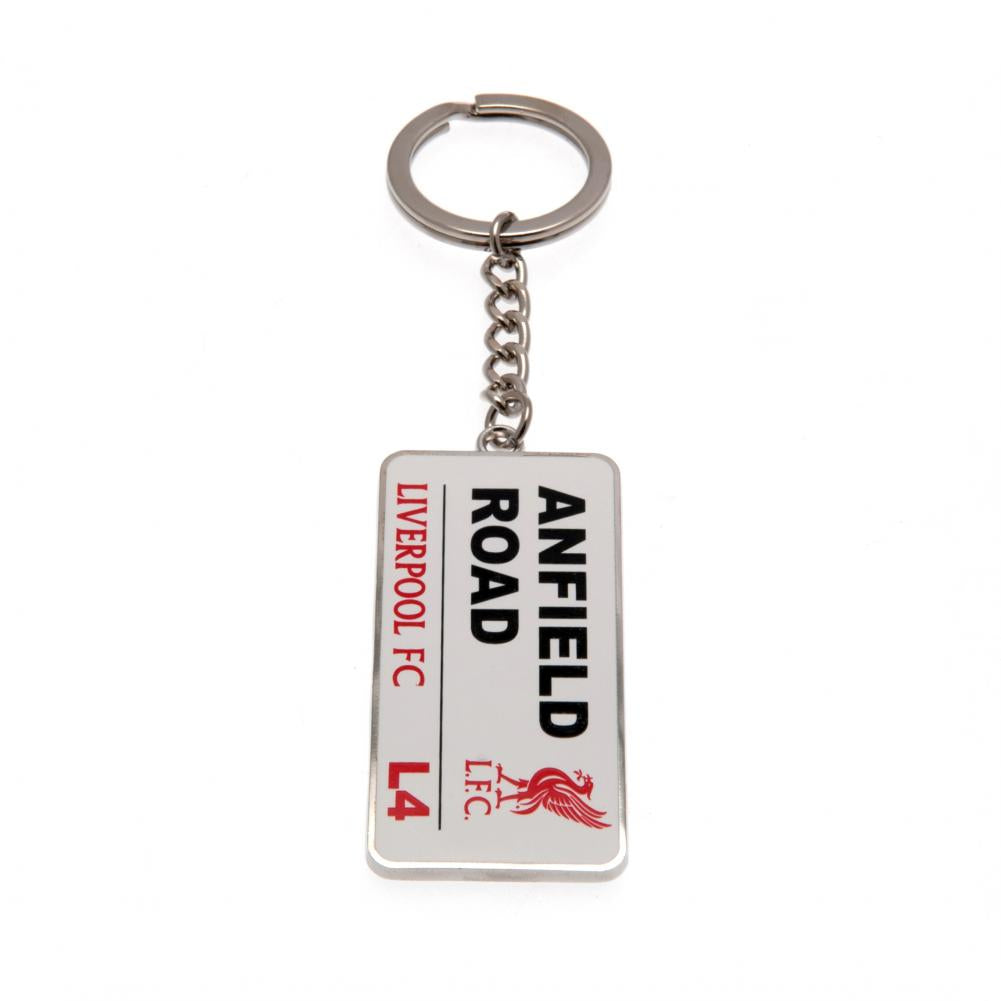 Nøglering med Anfield Road gadeskilt, Liverpool FC logo og teksten "LIVERPOOL FC" i rødt.