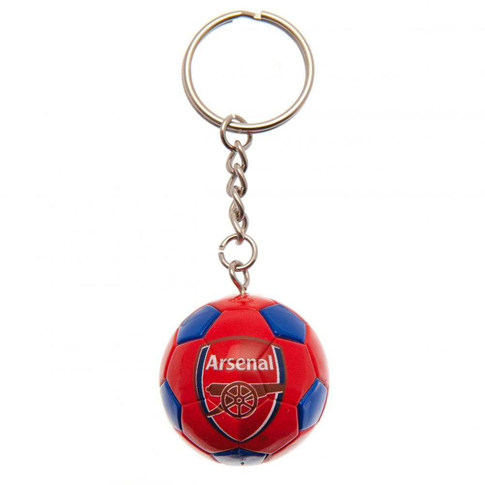 Fodboldformet nøglering med Arsenal FC-logo, flere paneler, metal kæde og nøgleloop.