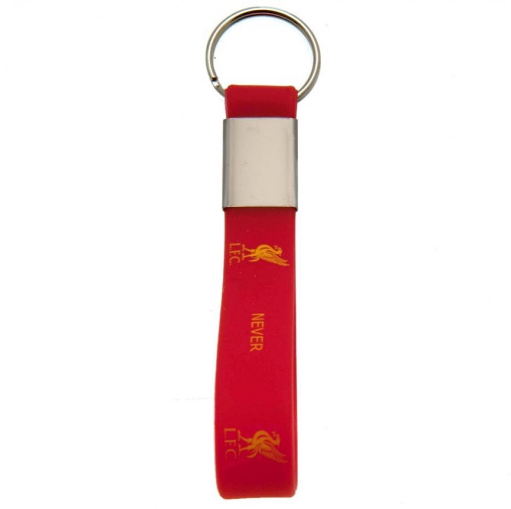 Rød Liverpool FC nøglering i silikone med teksten "NEVER" og "LFC" i gul, samt metalring.