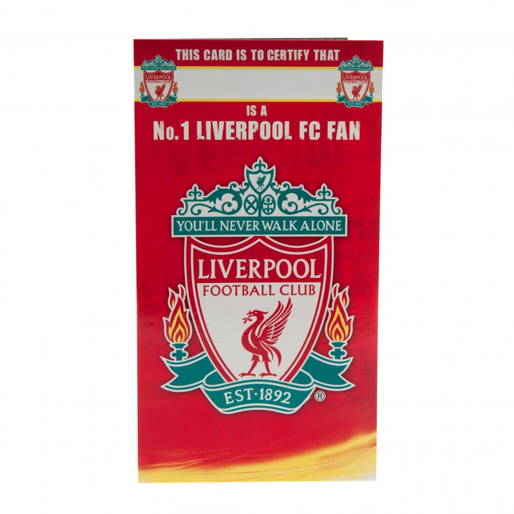 Liverpool FC fødselsdagskort med klublogo og teksten "No. 1 Liverpool FC fan".