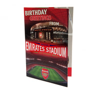 Forside af fødselsdagskort med Emirates Stadium og teksten "BIRTHDAY GREETINGS FROM ARSENAL".