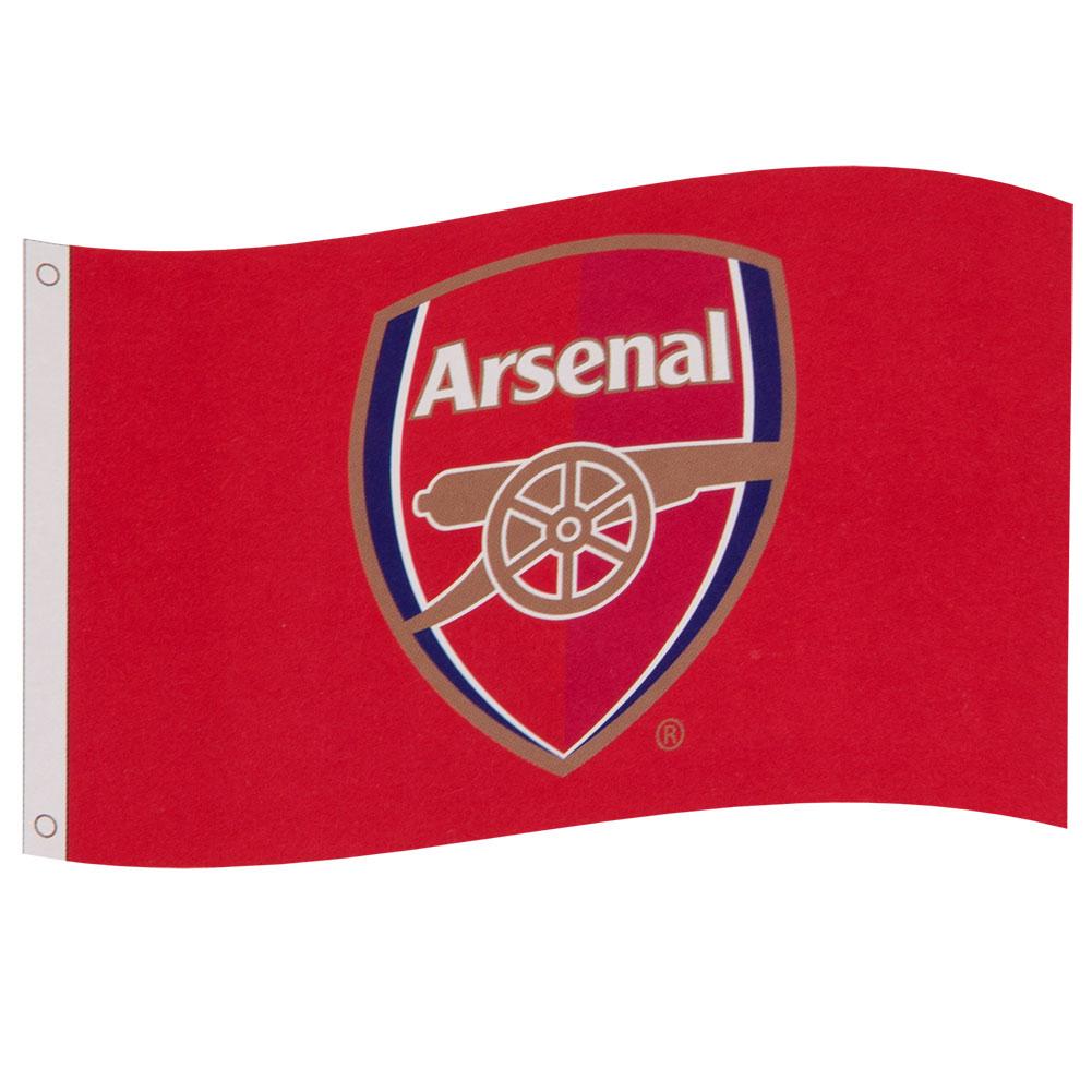 Rødt rektangulært flag med Arsenal-logo i midten og en stribe til venstre med to metaløjer til ophæng.