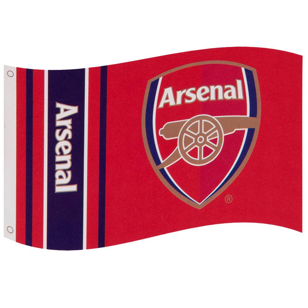 Arsenal FC-flag med logo og kanon på rød baggrund. To metaløjer til ophæng på venstre kant.