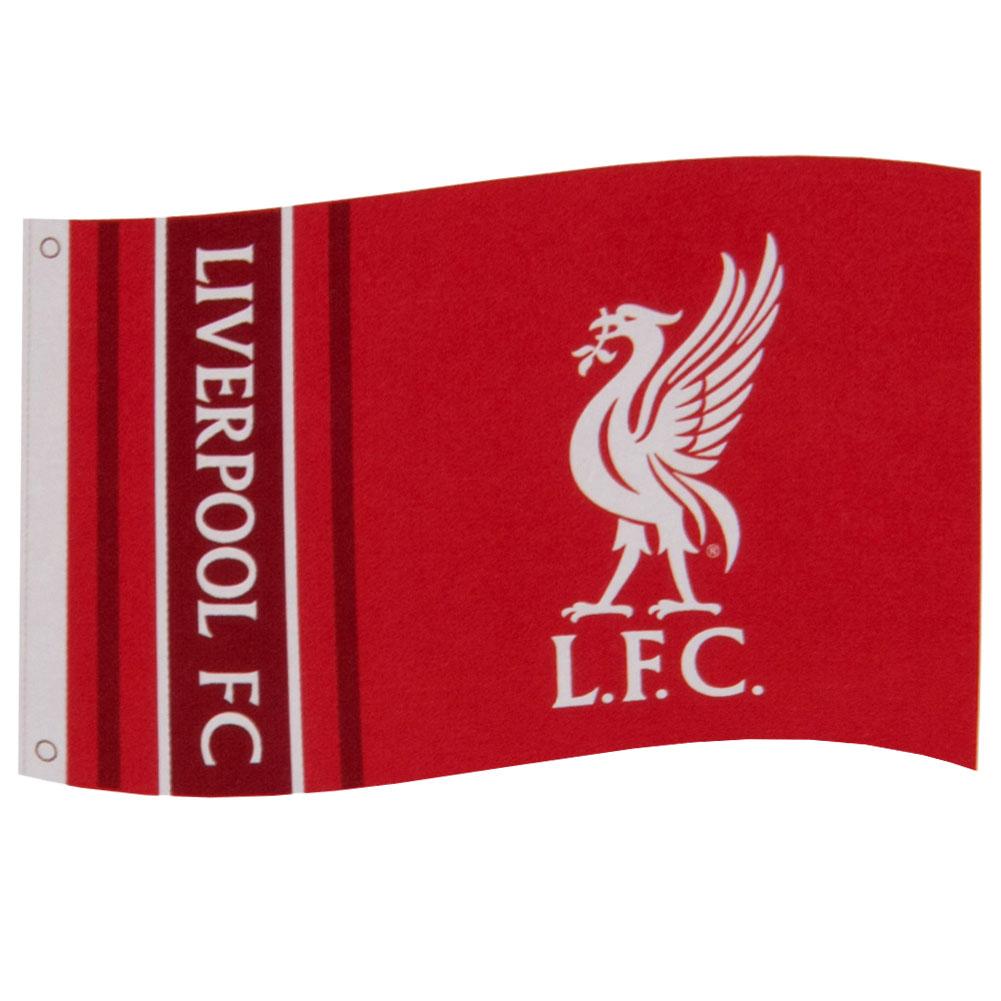 Rød/hvid Liverpool FC flag med klublogo og "L.F.C." tekst. Har metalringe til ophængning.
