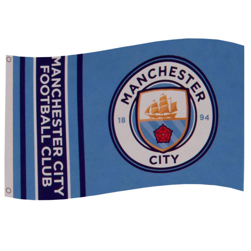 Manchester City FC-flag med lyseblå baggrund, klublogo i midten og lodret tekst til venstre.