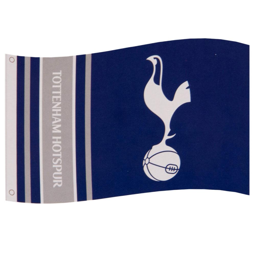 Tottenham-flag med hvid hane på bold, lodrette striber, klubnavn og metaløjer til ophæng.