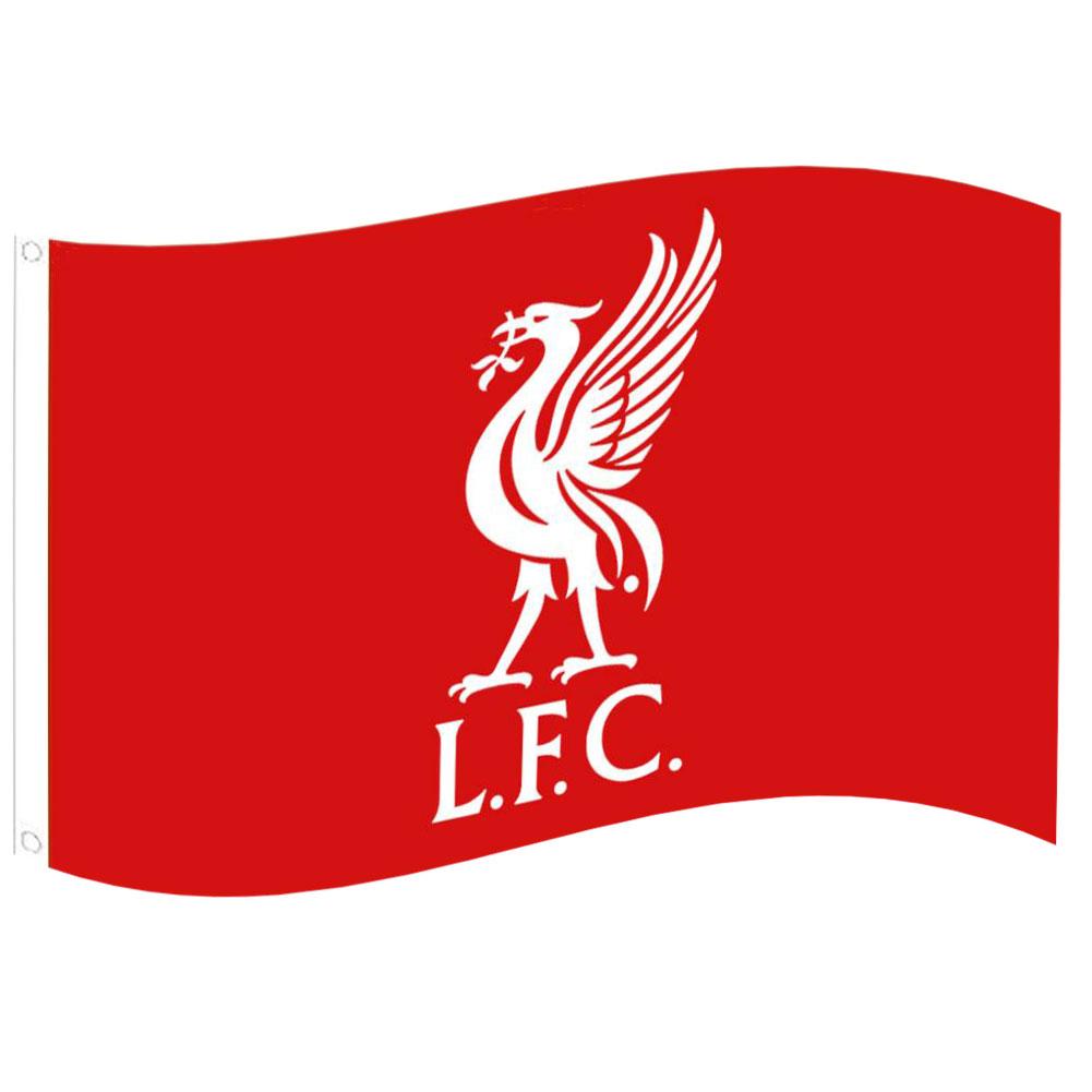 Rød Liverpool FC-flag med hvidt logo og "L.F.C.", to metaløjer til venstre.