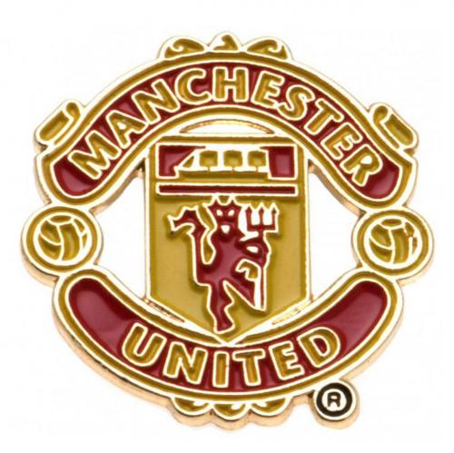 Badge med Manchester Uniteds røde, gule og hvide klubvåben. Cirkulært sportsdesign.