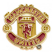 Badge med Manchester Uniteds røde, gule og hvide klubvåben. Cirkulært sportsdesign.
