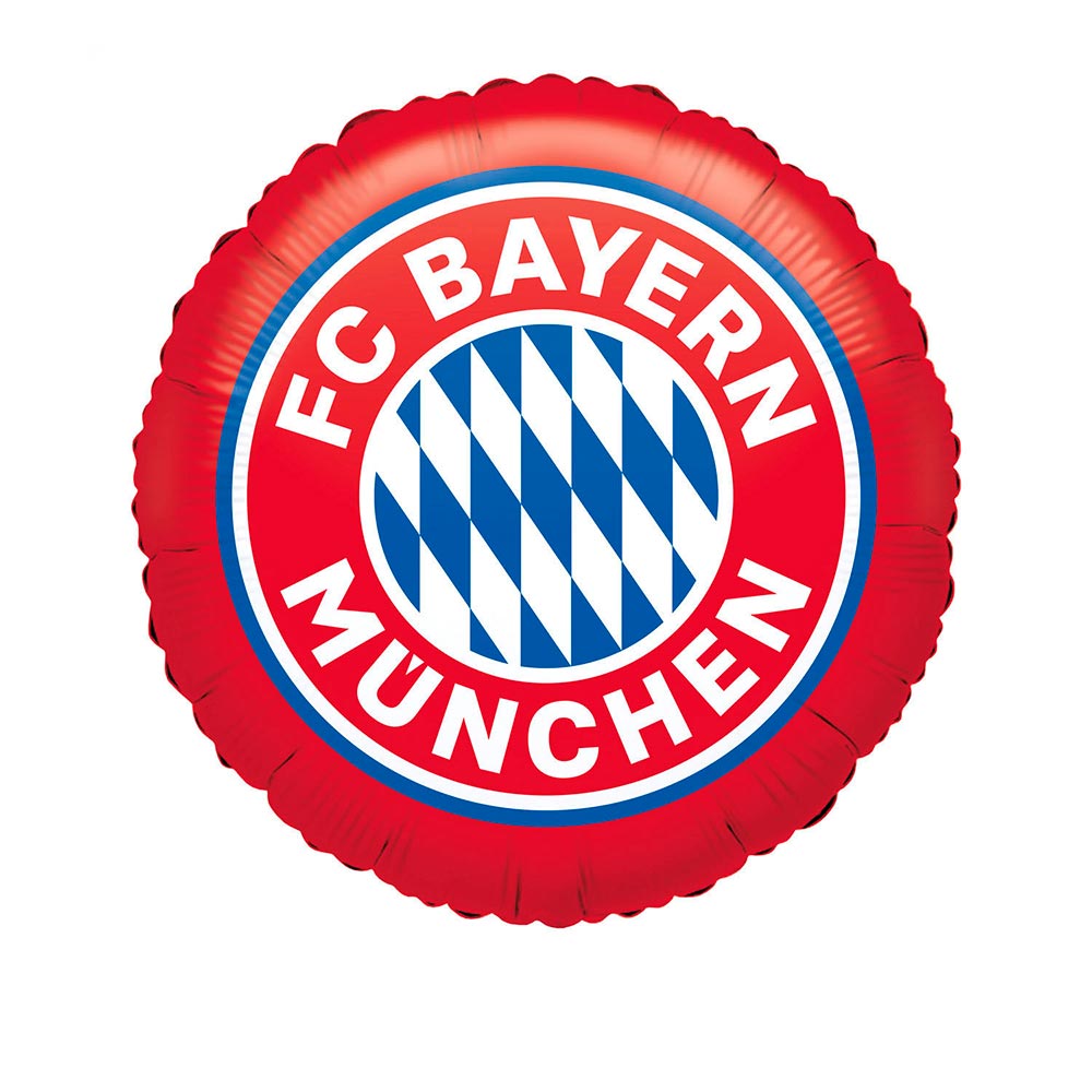 Rund rød folieballon med FC Bayern Münchens logo og blå-hvide diamanter i midten.