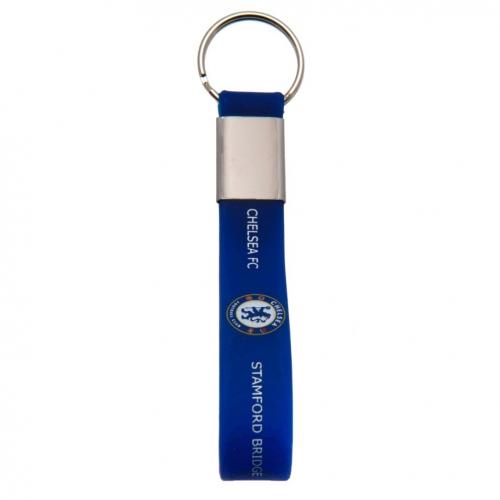 Chelsea FC nøglering med blå silikonebånd, logo og tekst. Metalring til nøgler.