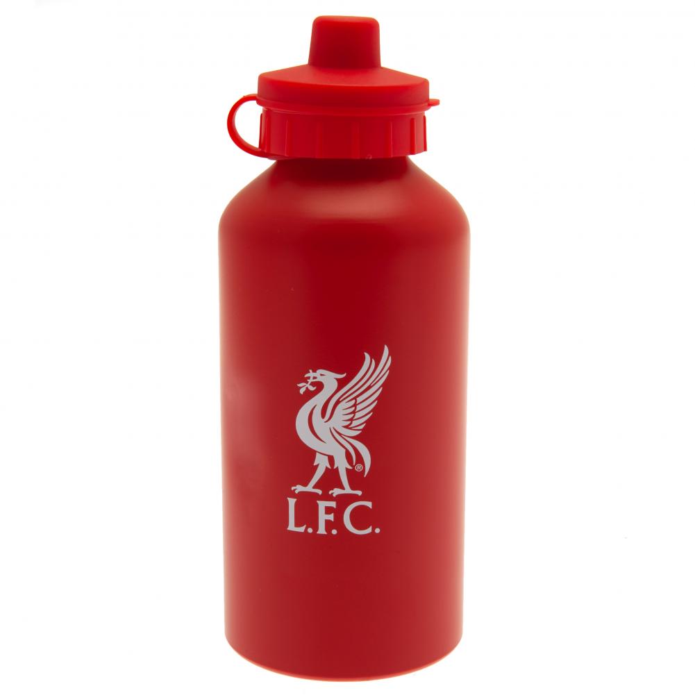 Rød aluminium drikkeflaske med Liverpool FC-logo, liver bird og "L.F.C." tekst.