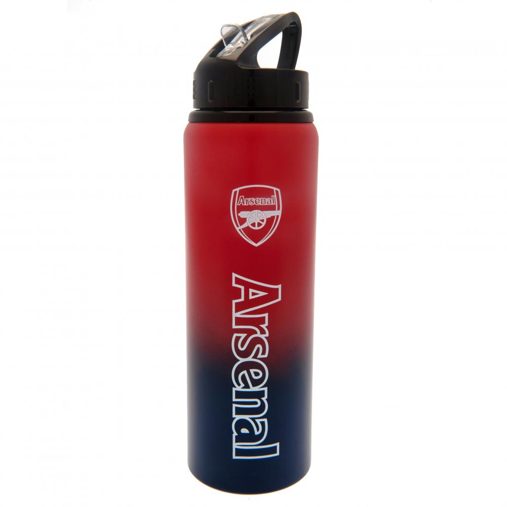 Rød og mørkeblå Arsenal drikkeflaske med logo og tekst, loophåndtag og tud.
