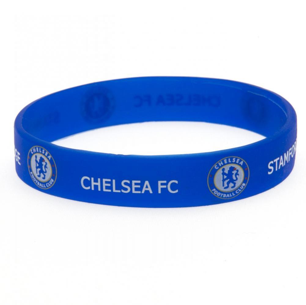 Blåt armbånd med Chelsea FC logo og teksten "CHELSEA FC" samt "STAMFORD BRIDGE."
