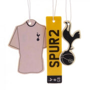 Tre Tottenham Hotspur luftfriskere: en trøje, en gul rektangel med "SPUR2" og logoet.