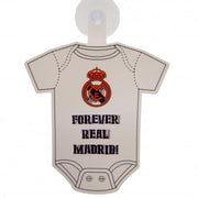 Hvid onesie-formet skilt med Real Madrid-logo og teksten "FOREVER REAL MADRID!"