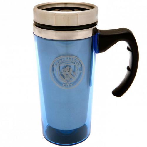 Blå termokrus med Manchester City FC-logo og sort håndtag, kapacitet 450 ml.