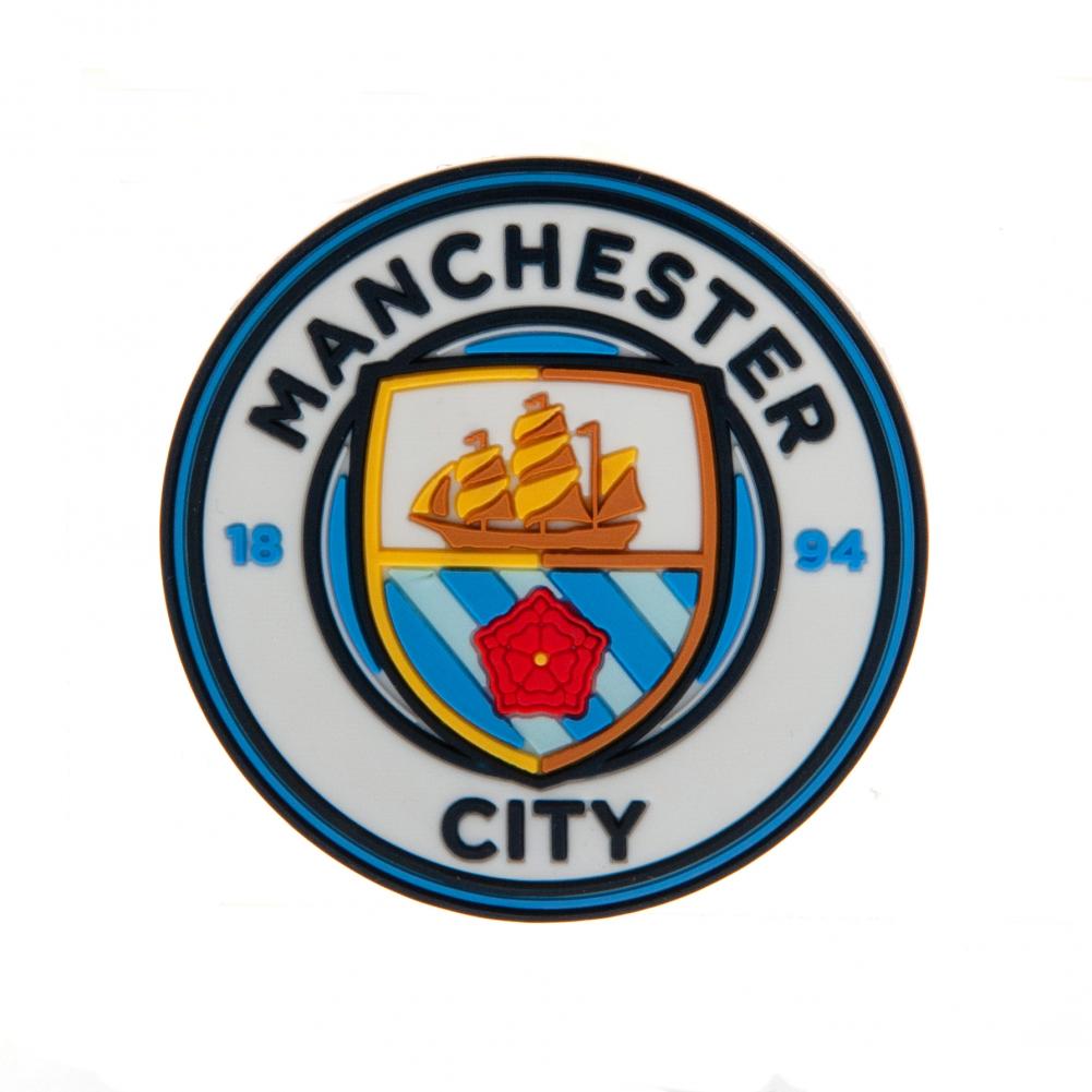 Manchester City FC logo med skib, rød rose, blå striber på en rund 3D-magnet.