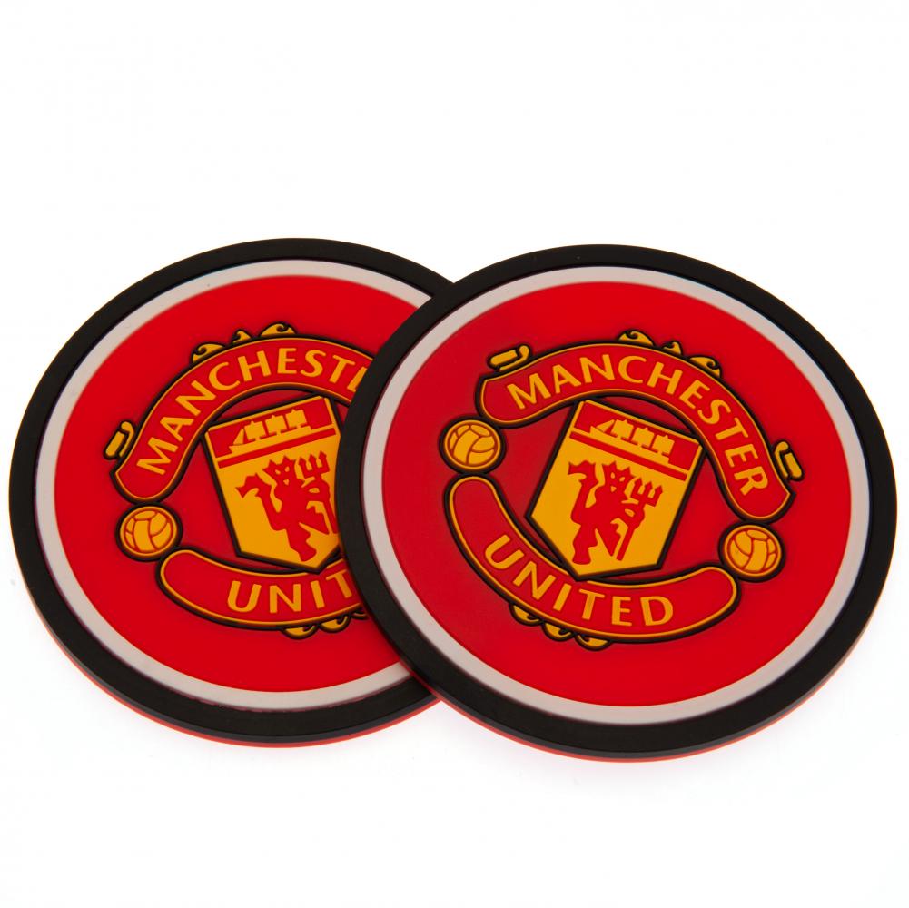 To røde Manchester United bordskånere med sort kant og klublogo i midten.