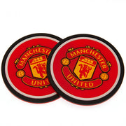 To røde Manchester United bordskånere med sort kant og klublogo i midten.