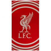 Rødt håndklæde med Liverpool FC-emblem, Liver bird og "L.F.C." tekst. Hvide striber øverst og nederst.