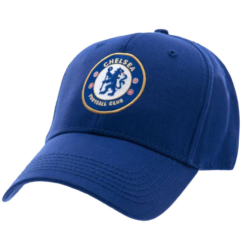 Blå Chelsea FC kasket med logo af en løve og teksten "Chelsea Football Club" på fronten.