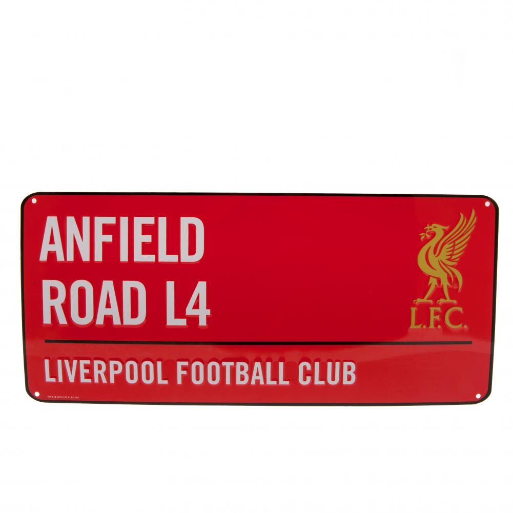 Rød metalskilt med "ANFIELD ROAD L4", "LIVERPOOL FOOTBALL CLUB" og Liverpool FC logo.