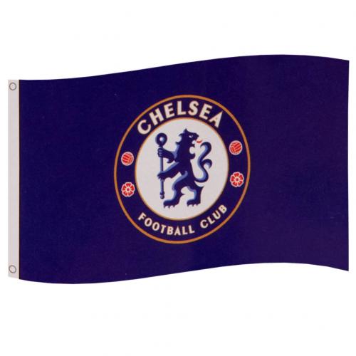 Blå Chelsea FC-flag med løveemblem i centrum og øjer til ophæng. Størrelse: 152cm x 91cm.