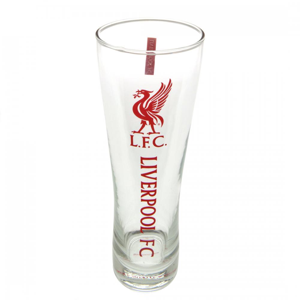 Højt, smalt ølglas med Liverpool FC-logo og rød tekst. Officielt licenseret produkt.