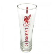 Højt, smalt ølglas med Liverpool FC-logo og rød tekst. Officielt licenseret produkt.