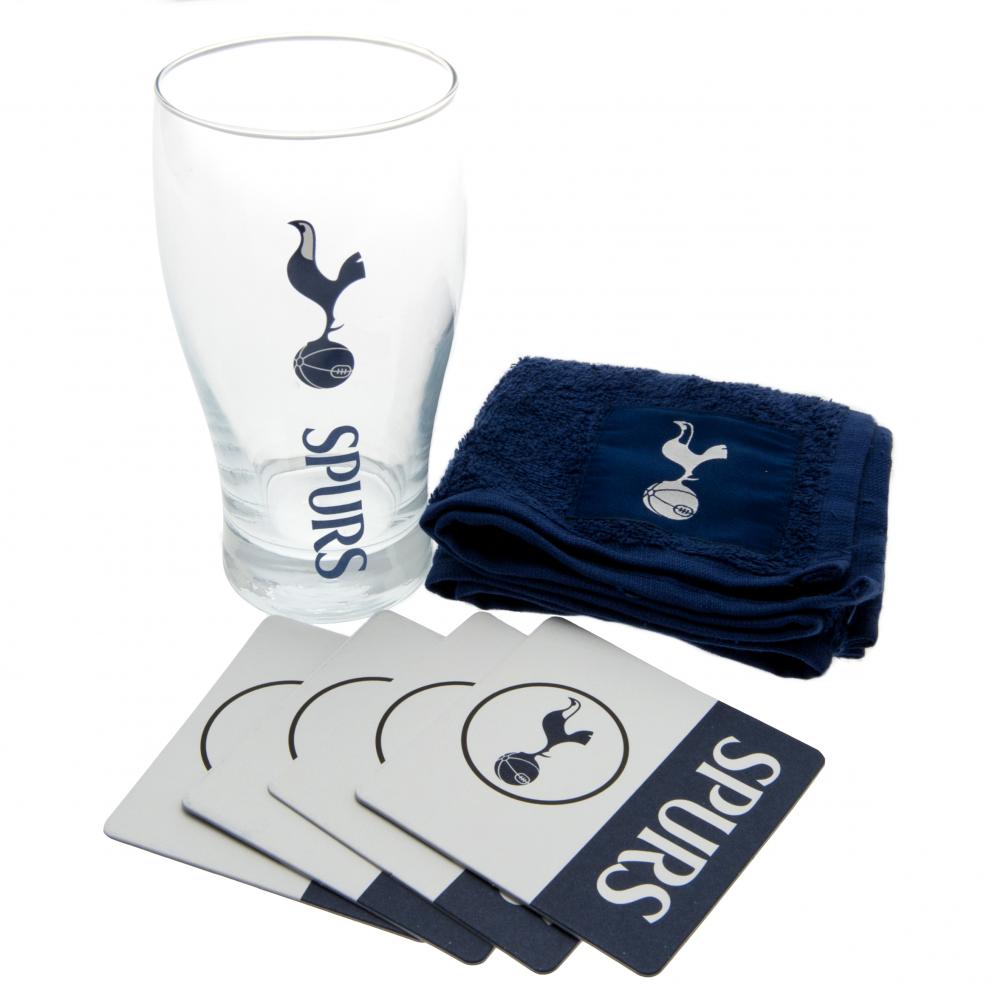 Tottenham Hotspur FC mini barsæt med et glas, fire coasters og et håndklæde. Officielt licenseret.