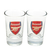 To ensartede shotglas med Arsenal FC-logo, teksten "Arsenal" og kanonbillede i rød, guld og blå.