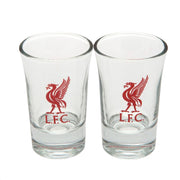 To klare shotglas med Liverpool FC-logo i rødt og teksten "L.F.C."