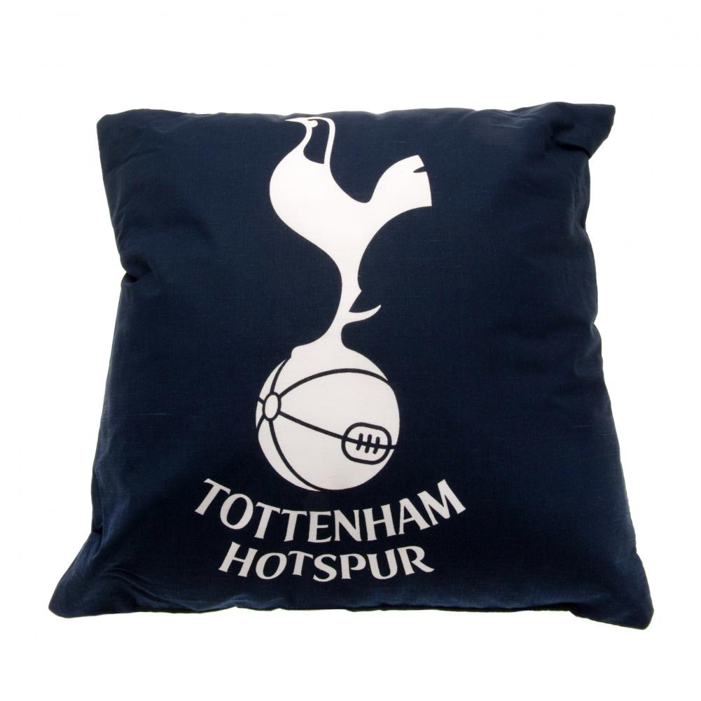 Tottenham Hotspur pude med hvidt logo af en hane på en bold på mørkeblå baggrund.
