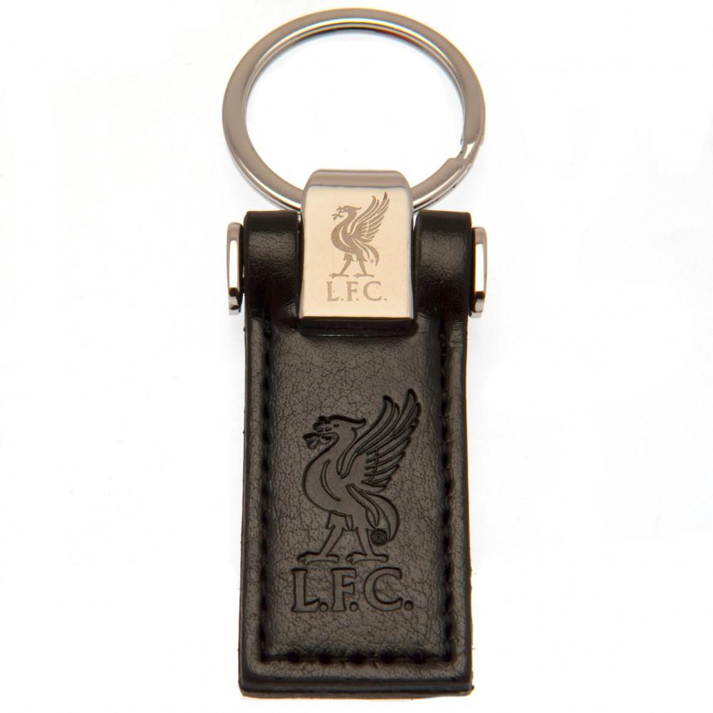 Sort læder nøglering med Liverpool FC logo og Liverbird, indgraveret med "L.F.C." teksten.