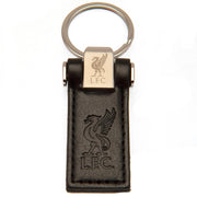 Sort læder nøglering med Liverpool FC logo og Liverbird, indgraveret med "L.F.C." teksten.