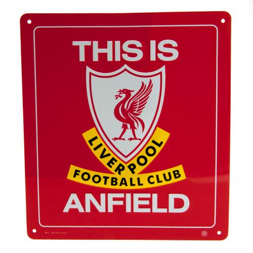 Skilt med "THIS IS ANFIELD", Liverpool FC's logo, rød baggrund, hvide og gule detaljer.