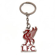 Liverpool F.C. nøglering med liverbird og "L.F.C." tekst. Emblem forbundet til ring med kæde.