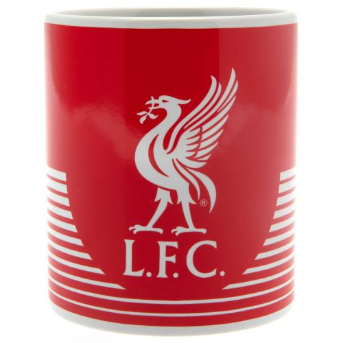 Rødt krus med hvide striber, Liverpool FC's logo og teksten "L.F.C." nedenunder.