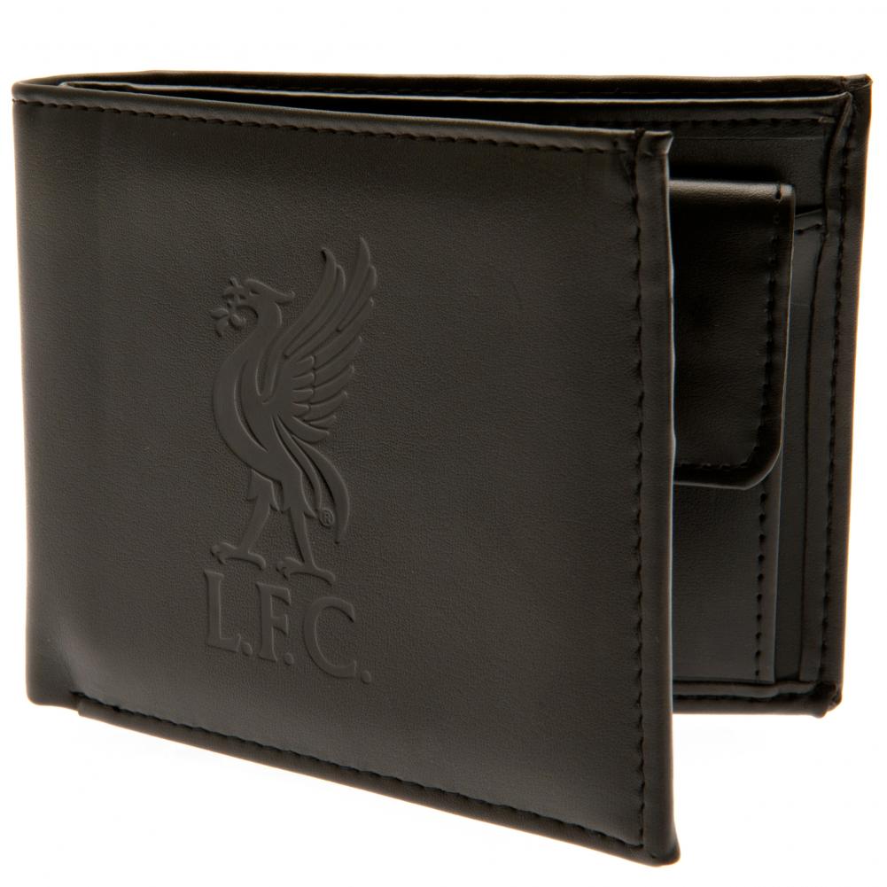 Sort læderpung med indgraveret Liverpool FC-logo, viser en fugl og bogstaverne "L.F.C."