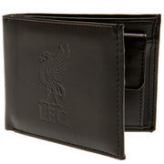 Sort læderpung med indgraveret Liverpool FC-logo, viser en fugl og bogstaverne "L.F.C."