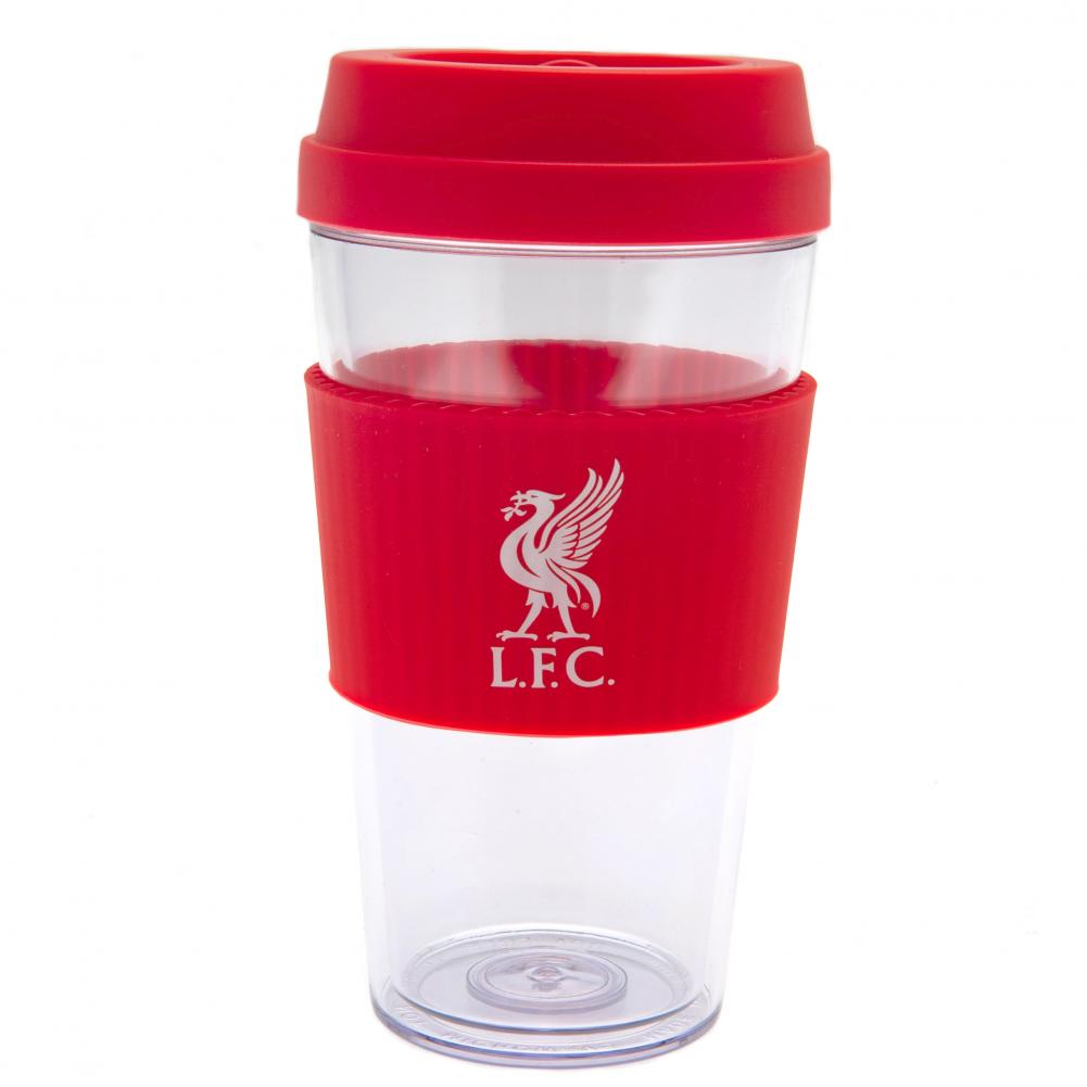Gennemsigtigt rejsekrus med rødt låg og LFC-logo.