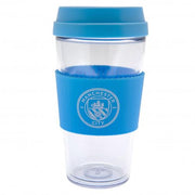 Rejsekrus i klar plast med blåt låg og greb. Manchester City FC-logo på grebet. 400ml kapacitet.