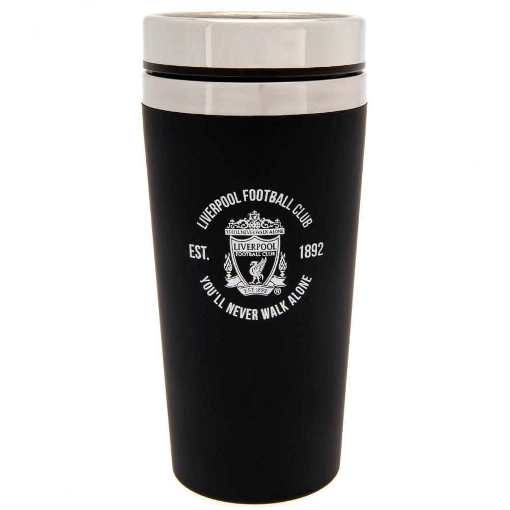 Sort termo krus fra Liverpool FC med logo og teksten "YOU'LL NEVER WALK ALONE" og "EST. 1892".