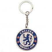 Nøglering med Chelsea F.C. logo, blå baggrund, sølvkant, tekst "CHELSEA FOOTBALL CLUB".