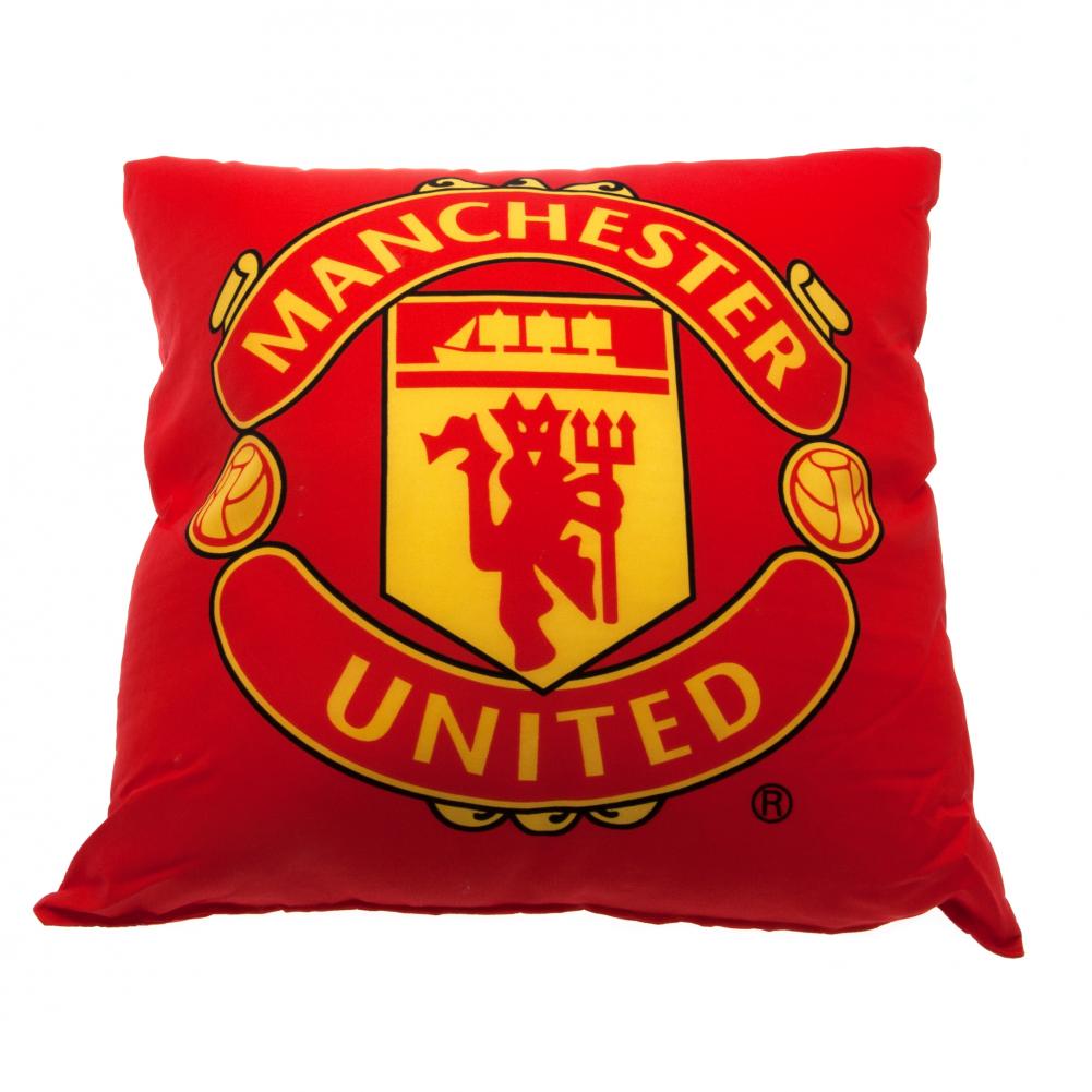 Rød pude med Manchester United-logo i gult og sort, centralt placeret.