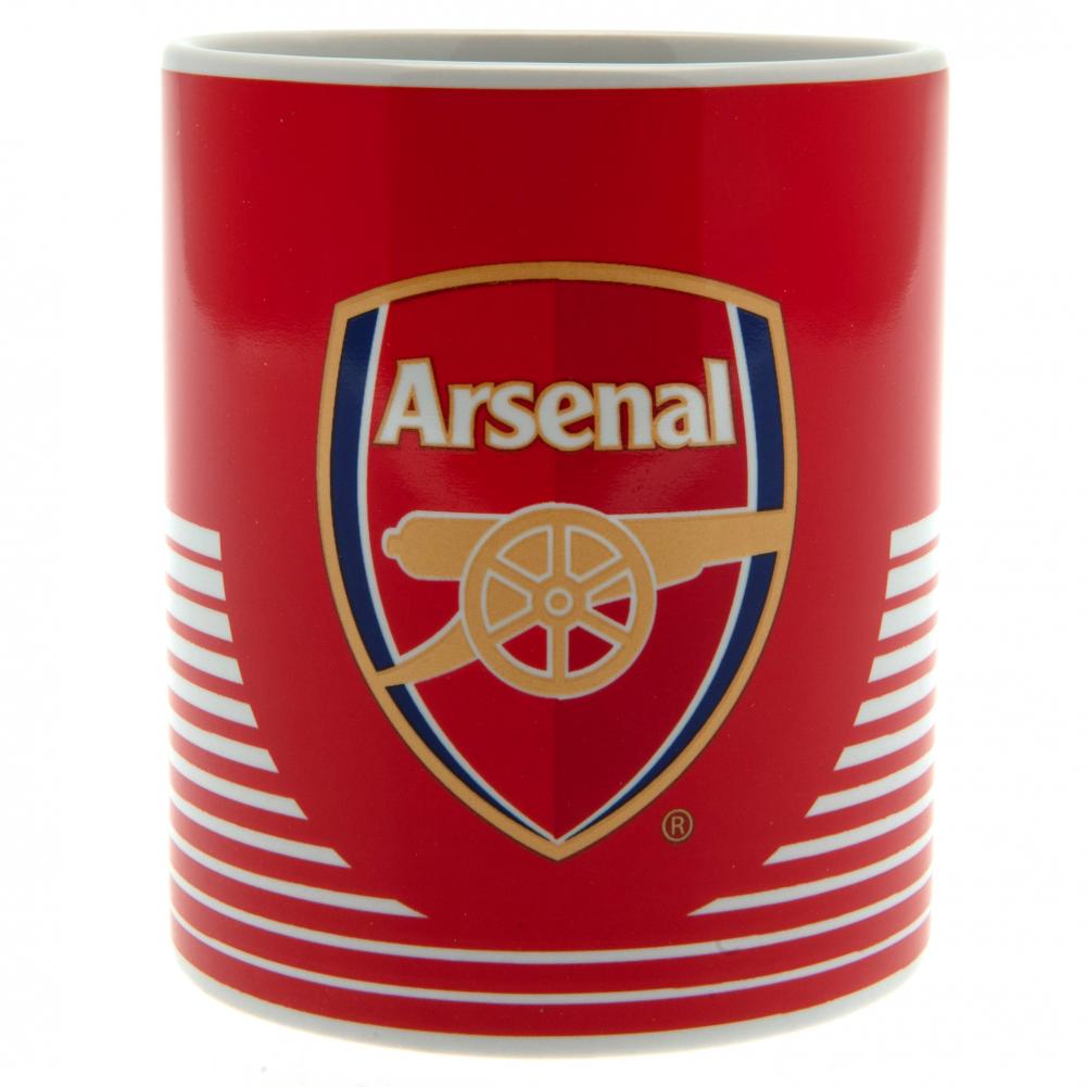 Rød Arsenal FC krus med logo og kanon, hvide striber nederst. Måler 9 cm x 8 cm.