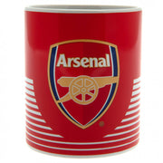 Rød Arsenal FC krus med logo og kanon, hvide striber nederst. Måler 9 cm x 8 cm.