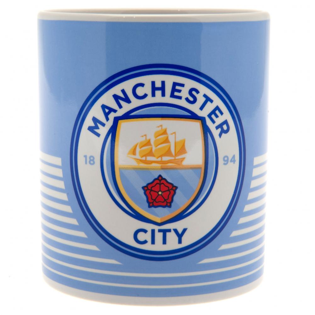 Lyseblå krus med Manchester City FC-logo, skib og rose, omkranset af blå og hvide striber.